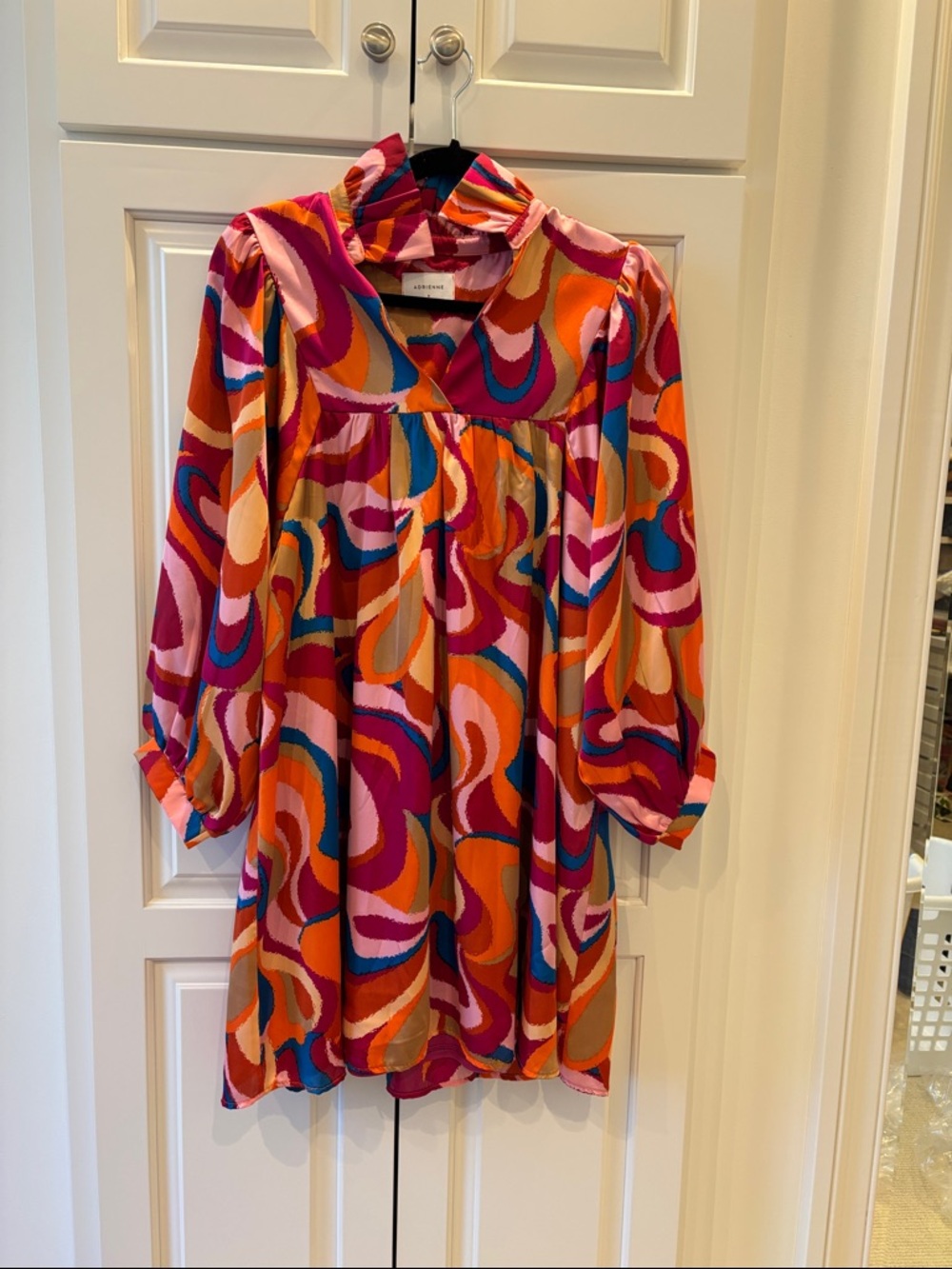 Adrienne Multicolor Abstract Swirl Mini Dress in Pink, Orange & Blue